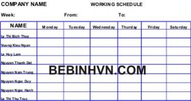 Bảng mica WORKING SCHEDULE